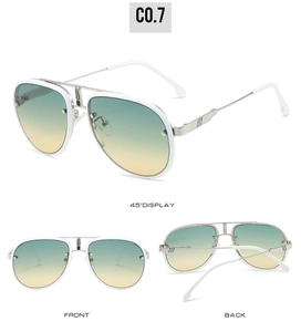 Three-way view of white aviator sunglasses with silver metal temples and gradient lenses