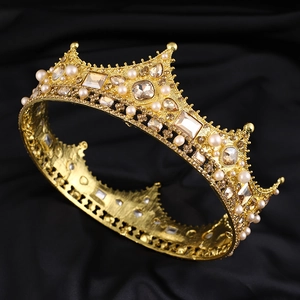 Vintage Baroque gold queen crown with champagne gemstones and pearls on black silk