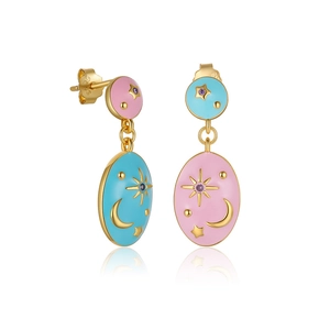 Detail of S925 sterling silver asymmetrical star moon earrings with enamel and crystals