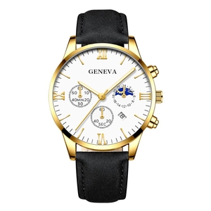 Detail view of gold-tone watch case with white multi-functional dial and Roman numerals