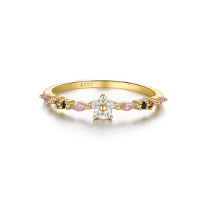 Close-up of S925 sterling silver ring with floral zircon inlay and S925 hallmark
