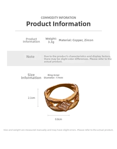 Detail view of gold rhombic ring showing 17mm inner diameter and 3.3g weight specs