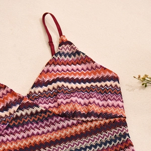 Close-up of bohemian hollow crochet knit camisole featuring colorful wavy patterns