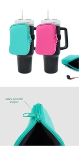 Detail of smooth zipper closure on neoprene pouch for 40oz handled tumblers