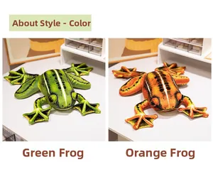 Detail view of realistic plush frogs in green and orange with lifelike eye textures