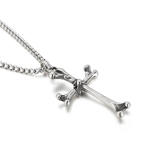 Gothic silver stainless steel cross bone pendant with box chain on white background