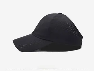 Side view of black breathable baseball cap showing micro-ventilation holes and lightweight fabric