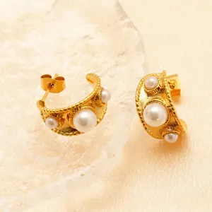 C Shaped Stud Earrings Stainless Steel 18K Gold Plated Three Artificial Pearls Hammered Texture Vintage Elegant Women Jewelry