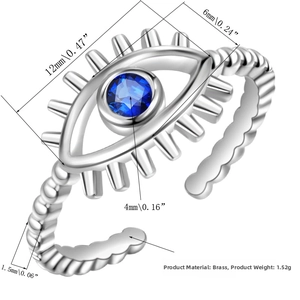 Macro view of Evil Eye ring showing brass material, 1.52g weight, and blue stone details