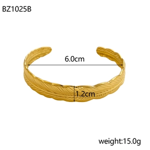 Golden feather cuff bracelet with 6.0cm inner diameter and 1.2cm width dimensions