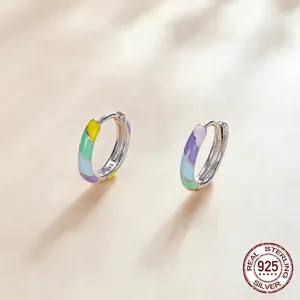 Elegant S925 sterling silver hoop earrings with colorful rainbow enamel inlay and stones