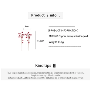 Detailed size chart for red floral tassel earrings with zircon and imitation pearl