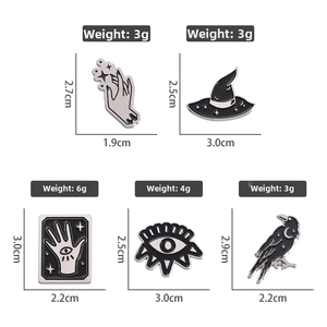 Detailed size and weight specs for gothic enamel pin set with moon and crow designs