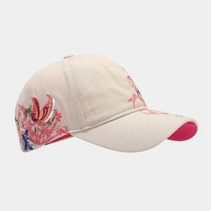 Beige baseball cap with butterfly sequins embroidery and pink brim underside