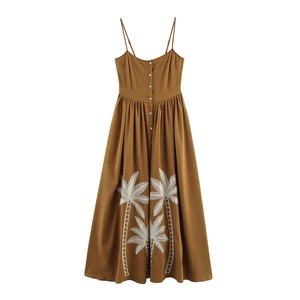 Robe Maxi Camisole Brodée Palmier Sans Manches Taille Haute Boutonnée Devant Vacances Bretelles Spaghetti Polyester