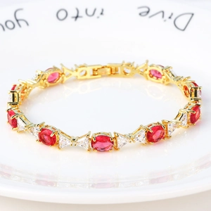 Oval Red Cubic Zirconia Gold Plated Copper Bracelet With Triangular Clear Accents Fashion Jewelry For Women