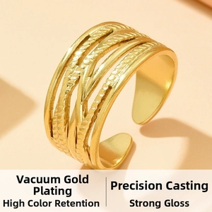 Macro shot of 18k gold-plated multi-layer interlocking stainless steel rings texture
