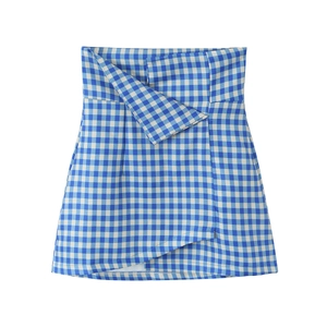 Retro blue and white plaid high-waist A-line skirt with asymmetric layered front design