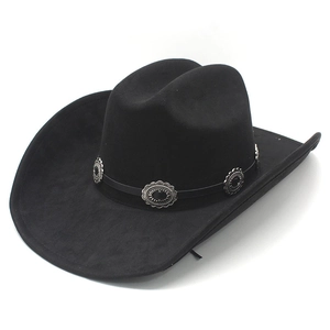 Classic black suede western cowboy hat with vintage silver concho buckle band
