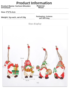 Set of 4 cartoon gnome wooden pendants with red beads for Christmas tree decoration