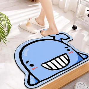 Cute blue whale shaped bathroom mat with soft flocking fiber for quick water absorption