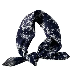 Floral print cotton linen neckerchief in dark blue with delicate vintage patterns