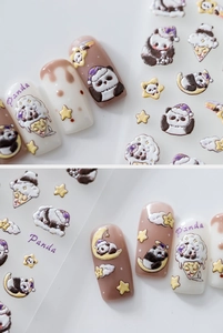 3D embossed nail stickers featuring cute pandas, stars, and moon details for DIY manicure