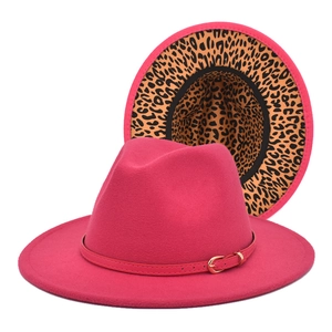 Women Fashion Woolen Fedora Hat With Leopard Print Lining Wide Brim Jazz Hat With Thin Belt Buckle Autumn Winter Ethnic Hat
