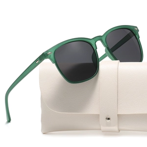 Classic square green translucent sunglasses with polarized lenses and a leather case