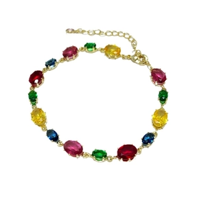 Rainbow crystal gemstone heart bracelet in gold finish with adjustable chain link