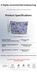 Détail de la trousse de maquillage en lin à fleurs violettes, dimensions 17x25cm et zip