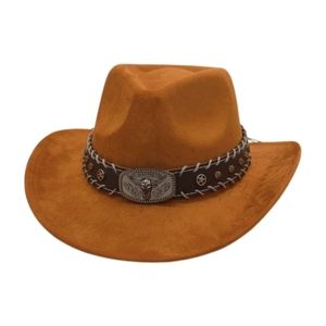 Classic tan faux suede cowboy hat with steer head metal buckle and star rivets