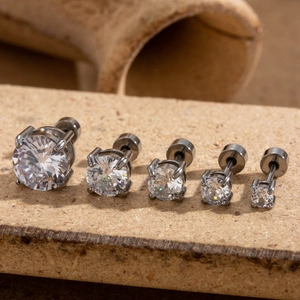 Set of 5 polished stainless steel screw back stud earrings with clear zircon stones