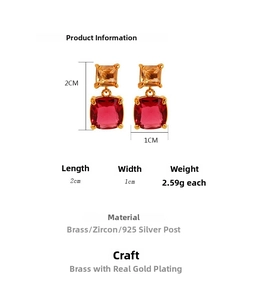 Macro shot showing dimensions 2x1cm and weight 2.59g of the red zircon earrings