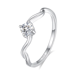 Elegant wave-shaped S925 silver ring with 0.3CT round moissanite on white background