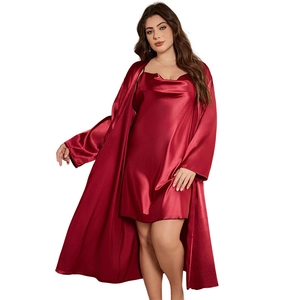 Sexy red two-piece satin sleepwear set with V-neck nightgown and long sleeve robe