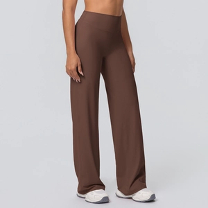 High-waisted flared yoga pants in dark cocoa brown, wide-leg breathable sports trousers