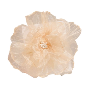 Elegant beige mesh flower hair clip with pearl stamen on a minimalist white background