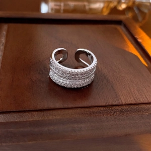 Double-layer gold plated open ring with four rows of sparkling cubic zirconia stones