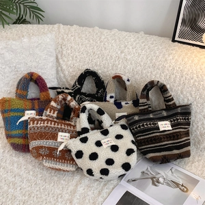 Detailed plush tote bag collection featuring polka dots and rainbow patterns in soft faux fur