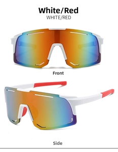 Front and side views of white cycling sunglasses with rainbow mirrored lenses and red tips