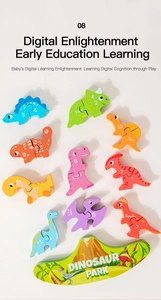 Close-up of wooden dinosaur puzzle pieces for kids with numbers and English words