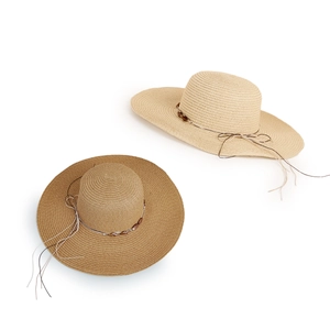 Beige and khaki wide-brim straw sun hats with decorative beaded ties for summer
