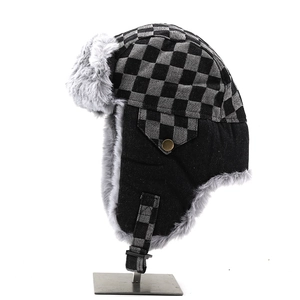 Winter plaid aviator hat with grey faux fur lining and windproof ear flaps in black and grey