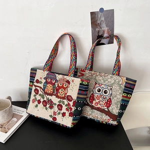 Ethnic Style Owl Elephant Embroidered Tote Bag Cotton Linen Small Handbag Bohemian Retro Shoulder Bag For Women