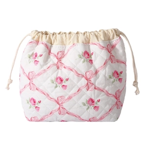 Quilted makeup pouch with pink ribbon rose print cute aesthetic travel drawstring storage bag