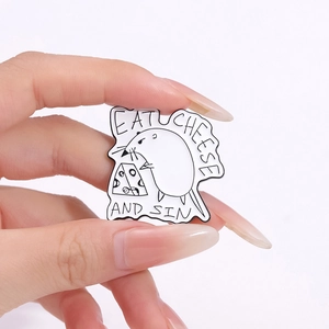 Cartoon white mouse eating cheese enamel pin with Eat Cheese and Sin text in hand