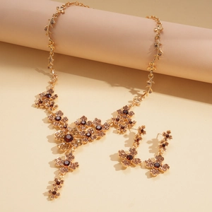 Vintage gold plated flower jewelry set with amber rhinestones and tassel necklace