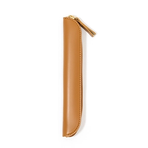 Minimalist brown leather pencil case with metal zipper on a white background