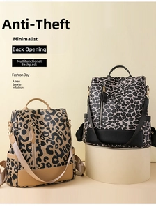 Detail of leopard print anti-theft backpacks showing rear zipper closure and PU leather texture